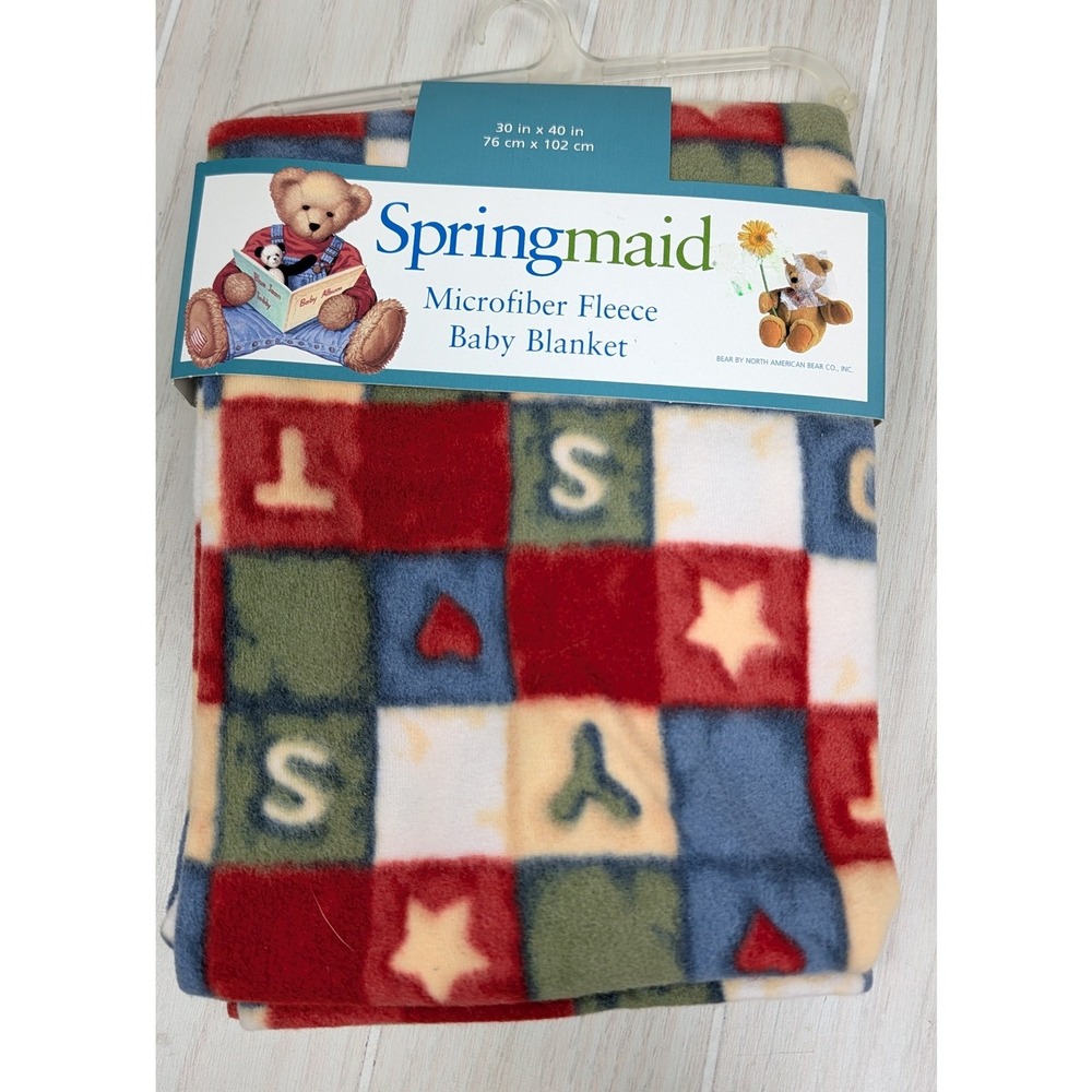 Blue Jean Teddy Springmaid Baby Blanket Fleece Alphabet Blocks Stars Hearts vtg